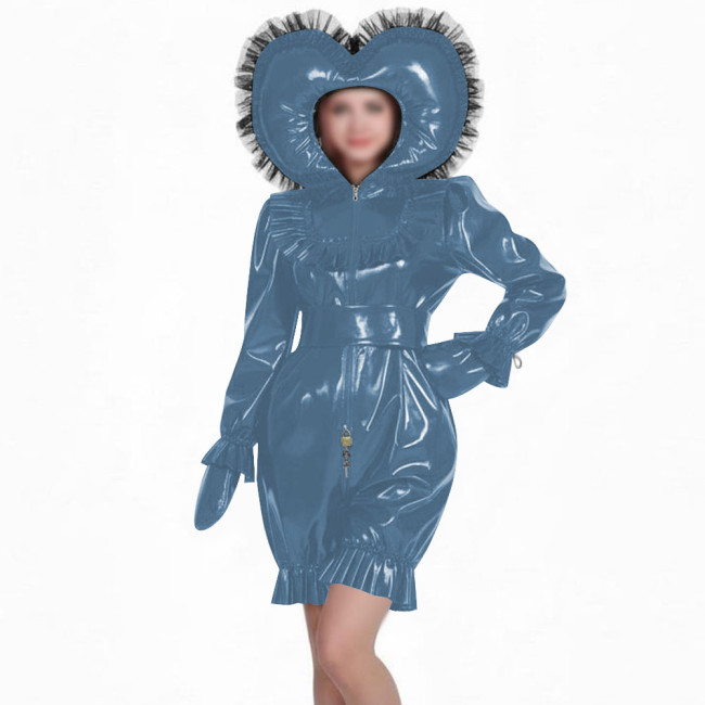 Glossy PVC Sissy Rompers with Lace Hat Long Sleeves Gloved Zipper Front Lockable Bodysuit Uniforms Theme Party Cosplay Outfits