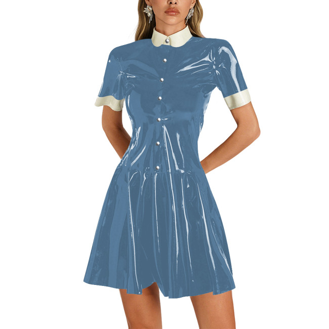 Womens Shiny Vinyl Short Sleeve Short Dress Preppy Style Contrast Collar Slim and Flare Mini Dress Plus Size Party Club Dress
