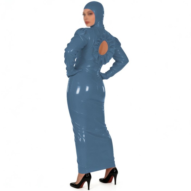 Novelty Shiny PVC Full Body Long Pencil Dress with Hood Womens Sissy Back Hollow Glossy Club Bodycon Dress Fetish Party Costume