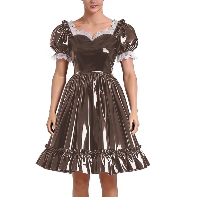 Sissy Lolita Glossy PVC Sweetheart Neck Mid Dress Women's Puff Sleeve Ruffled Hem A-line Dress Halloween Party Pleated Dresses