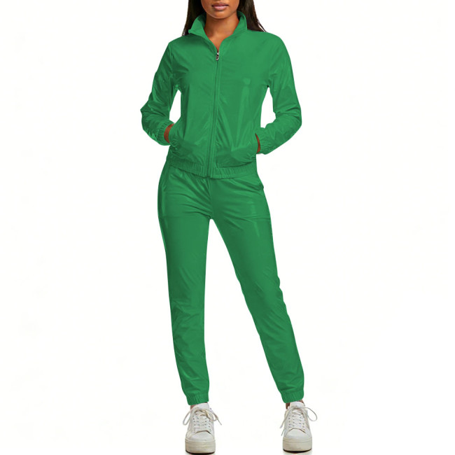 Womens Casual Shiny Trouses Outfits Streetwear Glossy PVC Leather Two-piece Pant Sets Full Zipper Long Sleeve Jacket and Pant