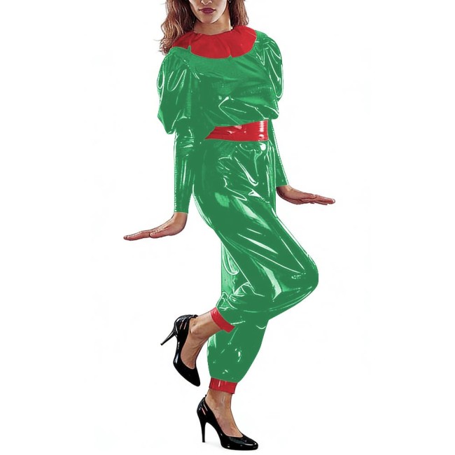 Stylish PVC Glossy Leather Jumpsuit Womens Patchwork Puff Long Sleeve Belted Rompers Raves Party Cosplay Outfits Nightclub Wear