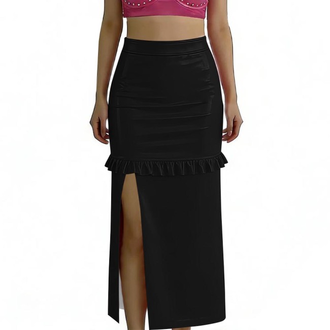Ladies Vinyl PVC Leather Midi Skirt for Women High Waist Ruffled Split Hem Tight Skirt Glossy Clubwear Plus Size Womens Skirt
