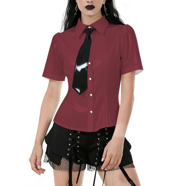 Plus Size Women's Shiny PVC Shirt Short Sleeve Button-Down Blouse with Black Tie Gothic Preppy Style Tops for Nightclub Party