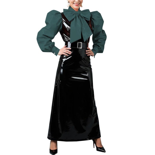 Women's Vintage Style Puff Sleeve Bow Long Dress Laides Glossy PVC Patchwork Slim Dresses Fetish Clubwear Evening Party Costume