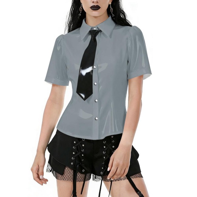 Plus Size Women's Shiny PVC Shirt Short Sleeve Button-Down Blouse with Black Tie Gothic Preppy Style Tops for Nightclub Party