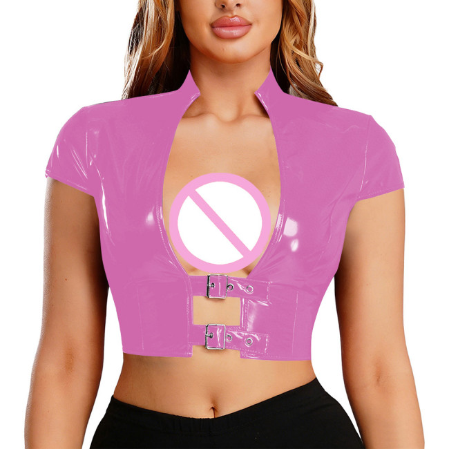 Womens Sexy PVC Shiny Cropped Top Stand Collar Buckle Short Sleeve Slim Short T-shirt Glossy Pole Dance Rave Party Clubwear