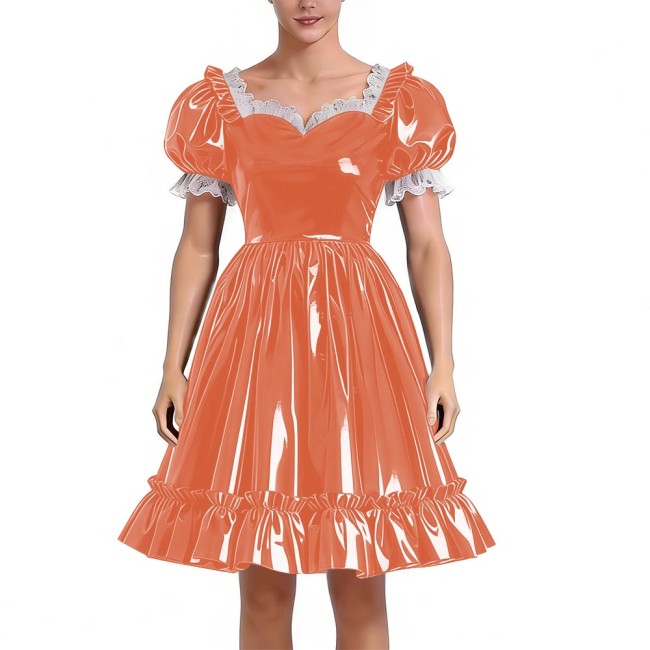 Sissy Lolita Glossy PVC Sweetheart Neck Mid Dress Women's Puff Sleeve Ruffled Hem A-line Dress Halloween Party Pleated Dresses