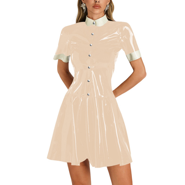 Womens Shiny Vinyl Short Sleeve Short Dress Preppy Style Contrast Collar Slim and Flare Mini Dress Plus Size Party Club Dress