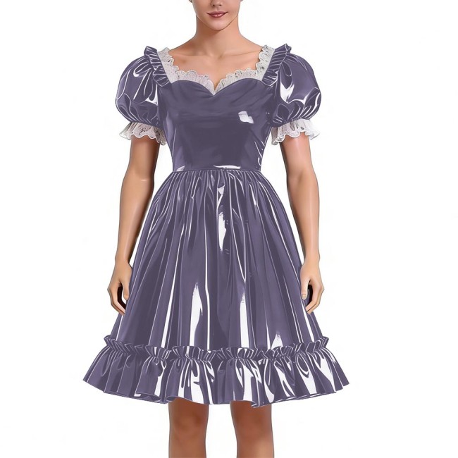 Sissy Lolita Glossy PVC Sweetheart Neck Mid Dress Women's Puff Sleeve Ruffled Hem A-line Dress Halloween Party Pleated Dresses