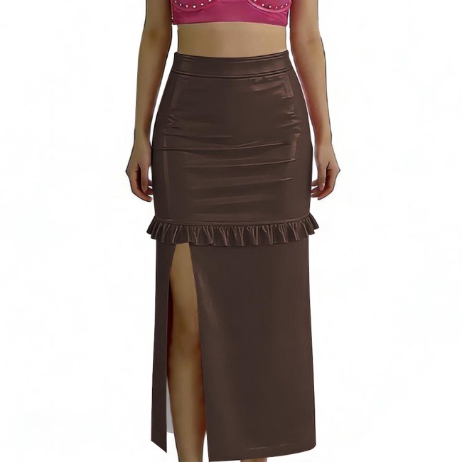 Ladies Vinyl PVC Leather Midi Skirt for Women High Waist Ruffled Split Hem Tight Skirt Glossy Clubwear Plus Size Womens Skirt