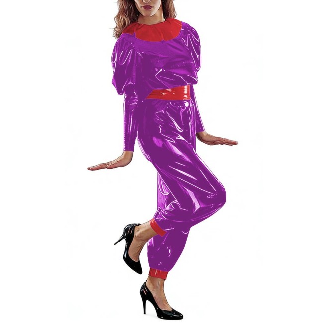 Stylish PVC Glossy Leather Jumpsuit Womens Patchwork Puff Long Sleeve Belted Rompers Raves Party Cosplay Outfits Nightclub Wear