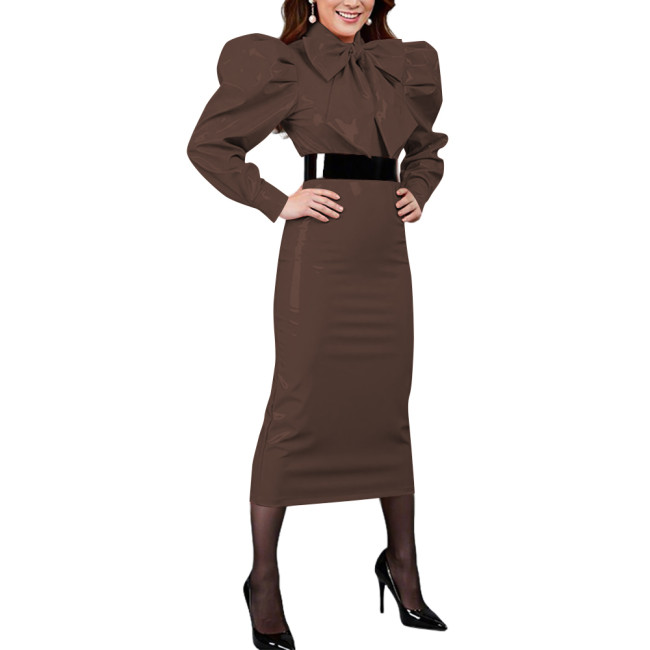 Retro Casual Vinyl PVC Leather Midi Pencil Dress with Bow Puff Long Sleeves Elegant Slim Cocktail Party Dress Womens Streetwear