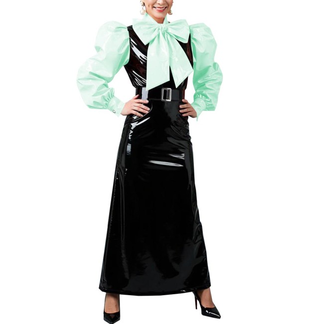 Women's Vintage Style Puff Sleeve Bow Long Dress Laides Glossy PVC Patchwork Slim Dresses Fetish Clubwear Evening Party Costume