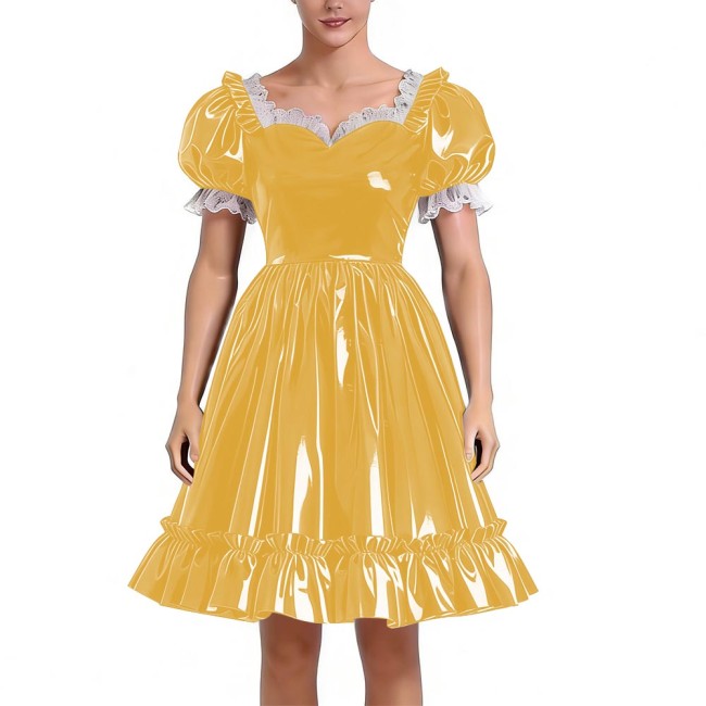 Sissy Lolita Glossy PVC Sweetheart Neck Mid Dress Women's Puff Sleeve Ruffled Hem A-line Dress Halloween Party Pleated Dresses