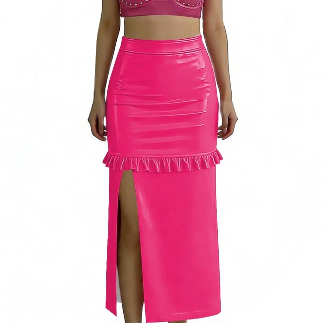 Ladies Vinyl PVC Leather Midi Skirt for Women High Waist Ruffled Split Hem Tight Skirt Glossy Clubwear Plus Size Womens Skirt