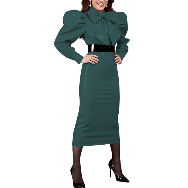 Retro Casual Vinyl PVC Leather Midi Pencil Dress with Bow Puff Long Sleeves Elegant Slim Cocktail Party Dress Womens Streetwear