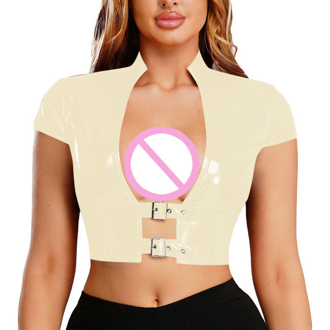 Womens Sexy PVC Shiny Cropped Top Stand Collar Buckle Short Sleeve Slim Short T-shirt Glossy Pole Dance Rave Party Clubwear