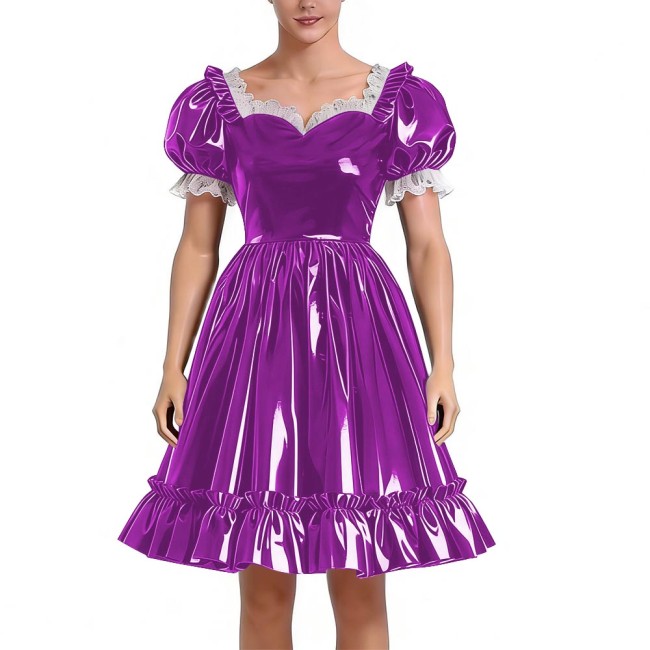 Sissy Lolita Glossy PVC Sweetheart Neck Mid Dress Women's Puff Sleeve Ruffled Hem A-line Dress Halloween Party Pleated Dresses