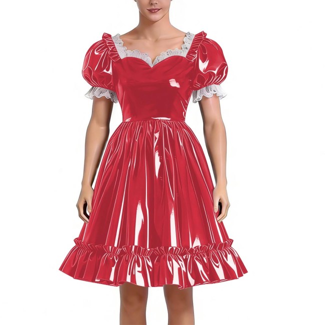 Sissy Lolita Glossy PVC Sweetheart Neck Mid Dress Women's Puff Sleeve Ruffled Hem A-line Dress Halloween Party Pleated Dresses