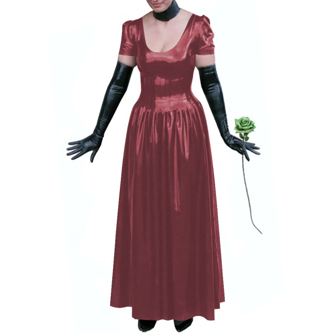 Sexy Club Glossy PVC Leather Maxi Dress Plus Size Puff Sleeves Long Dresses Women's U-neck A-line Ball Gown Wetlook Clubwear