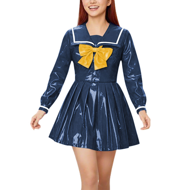 Sweet Glossy PVC Sailor Dress for Women Long Sleeve Pleated Mini Dress with Yellow Bow Japanese Schoolgirl Style Cosplay Outfit