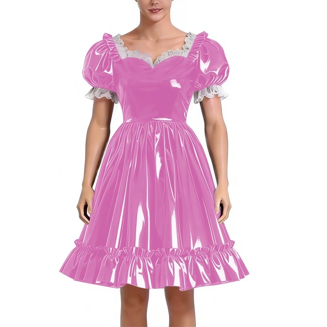 Sissy Lolita Glossy PVC Sweetheart Neck Mid Dress Women's Puff Sleeve Ruffled Hem A-line Dress Halloween Party Pleated Dresses