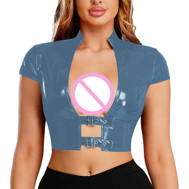 Womens Sexy PVC Shiny Cropped Top Stand Collar Buckle Short Sleeve Slim Short T-shirt Glossy Pole Dance Rave Party Clubwear