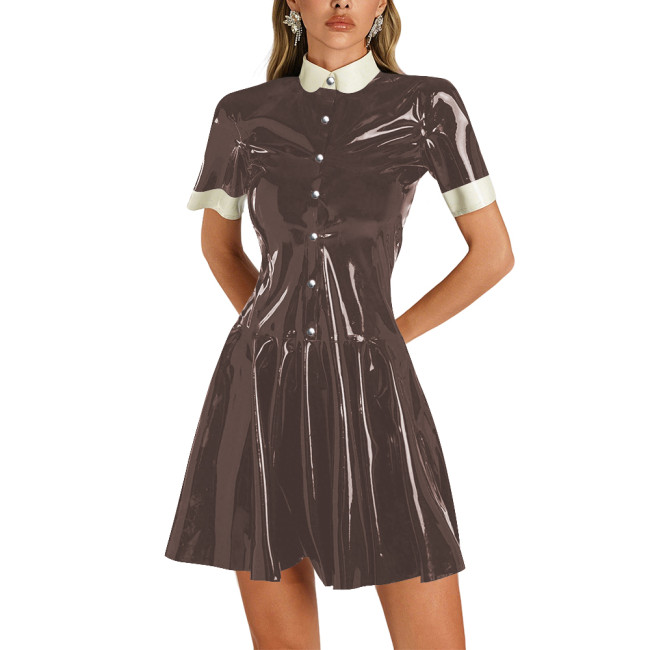 Womens Shiny Vinyl Short Sleeve Short Dress Preppy Style Contrast Collar Slim and Flare Mini Dress Plus Size Party Club Dress