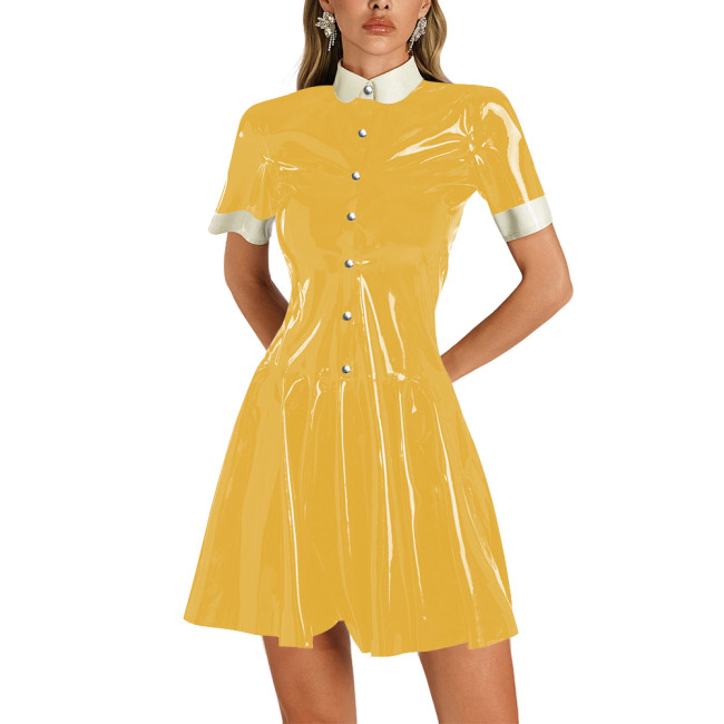 Womens Shiny Vinyl Short Sleeve Short Dress Preppy Style Contrast Collar Slim and Flare Mini Dress Plus Size Party Club Dress