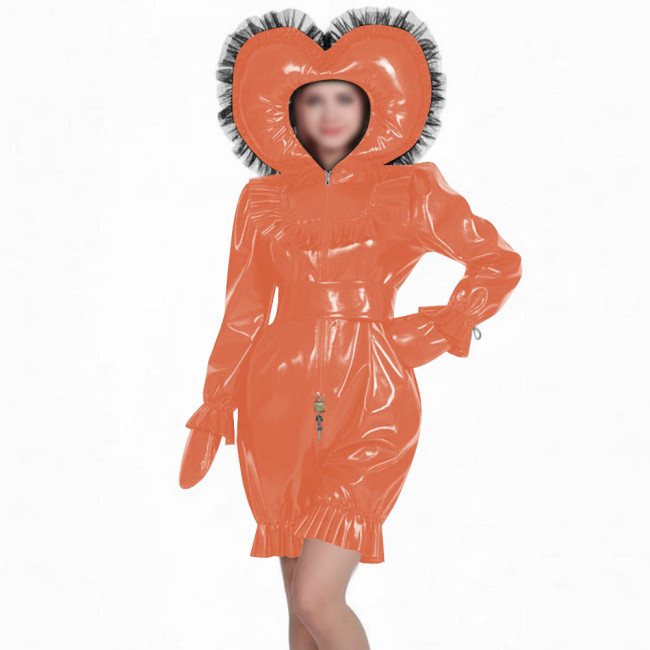 Glossy PVC Sissy Rompers with Lace Hat Long Sleeves Gloved Zipper Front Lockable Bodysuit Uniforms Theme Party Cosplay Outfits