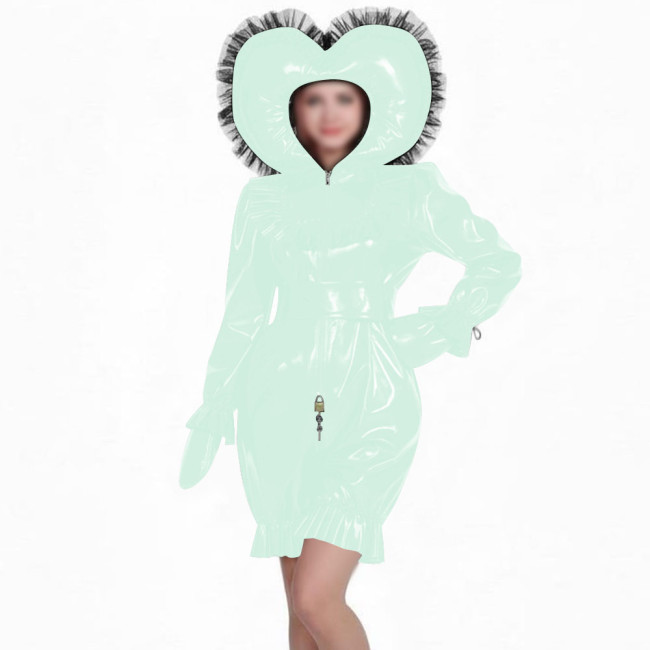 Glossy PVC Sissy Rompers with Lace Hat Long Sleeves Gloved Zipper Front Lockable Bodysuit Uniforms Theme Party Cosplay Outfits