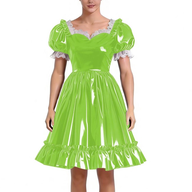 Sissy Lolita Glossy PVC Sweetheart Neck Mid Dress Women's Puff Sleeve Ruffled Hem A-line Dress Halloween Party Pleated Dresses