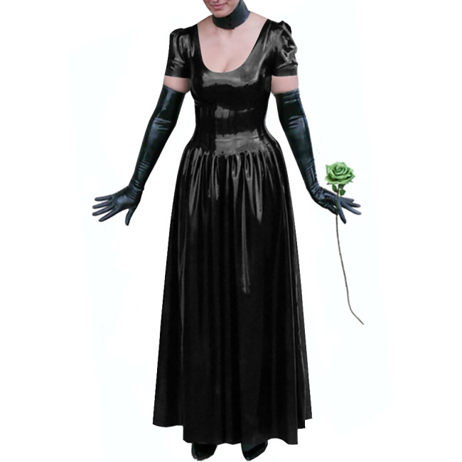 Sexy Club Glossy PVC Leather Maxi Dress Plus Size Puff Sleeves Long Dresses Women's U-neck A-line Ball Gown Wetlook Clubwear