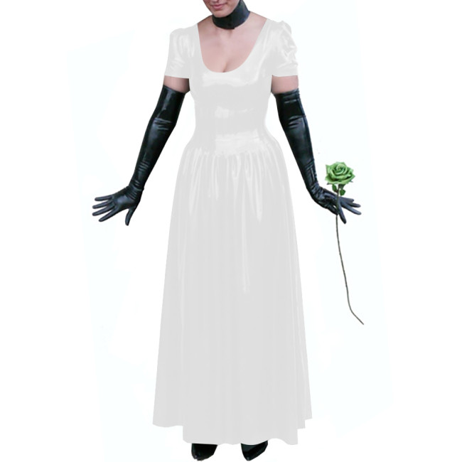 Sexy Club Glossy PVC Leather Maxi Dress Plus Size Puff Sleeves Long Dresses Women's U-neck A-line Ball Gown Wetlook Clubwear