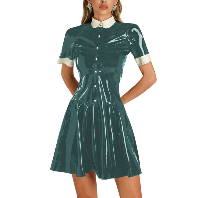 Womens Shiny Vinyl Short Sleeve Short Dress Preppy Style Contrast Collar Slim and Flare Mini Dress Plus Size Party Club Dress