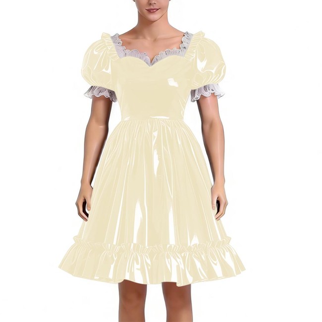 Sissy Lolita Glossy PVC Sweetheart Neck Mid Dress Women's Puff Sleeve Ruffled Hem A-line Dress Halloween Party Pleated Dresses