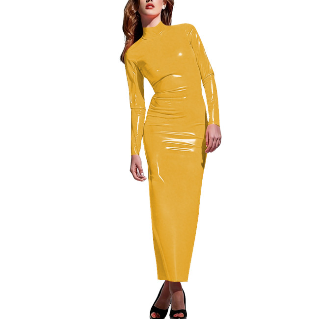 Glossy PVC Leather High Neck Long Dress for Women Long Sleeves Faux Latex-like Bodycon Dress Plus Size Club Dresses Clubwear