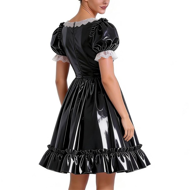 Sissy Lolita Glossy PVC Sweetheart Neck Mid Dress Women's Puff Sleeve Ruffled Hem A-line Dress Halloween Party Pleated Dresses