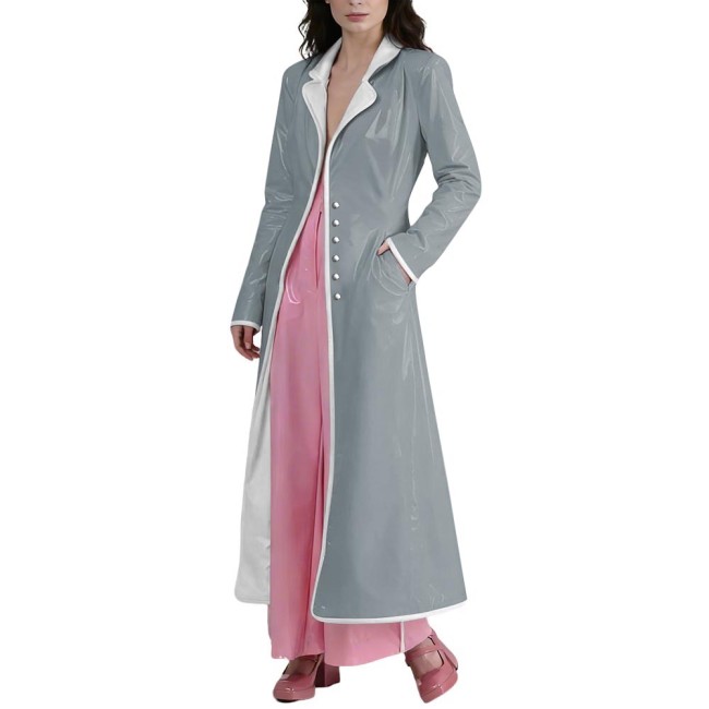 Elegant Glossy PVC Long Trench Coat for Women Plus Size Lapel Long Sleeve Spliced Vintage Long Coats Female Fashion Maxi Jackets