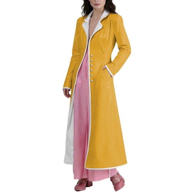Elegant Glossy PVC Long Trench Coat for Women Plus Size Lapel Long Sleeve Spliced Vintage Long Coats Female Fashion Maxi Jackets