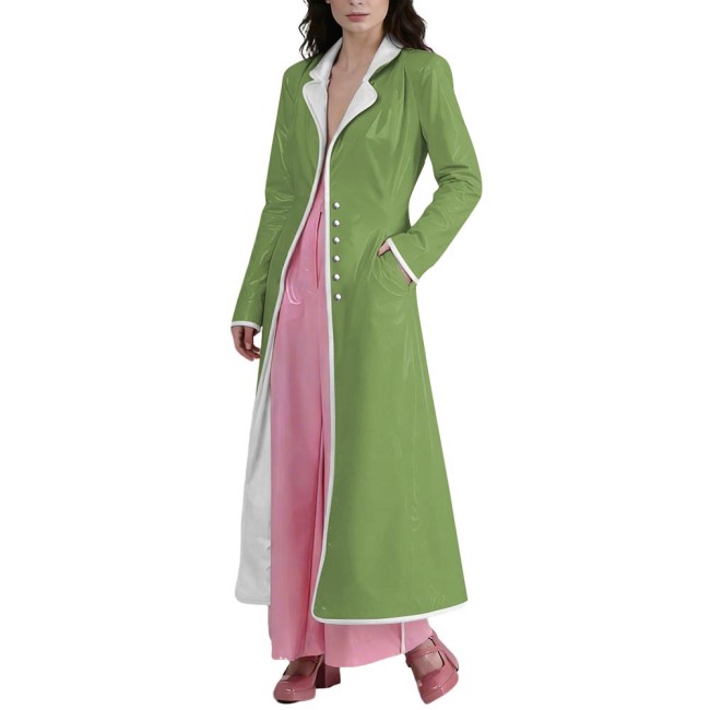 Elegant Glossy PVC Long Trench Coat for Women Plus Size Lapel Long Sleeve Spliced Vintage Long Coats Female Fashion Maxi Jackets