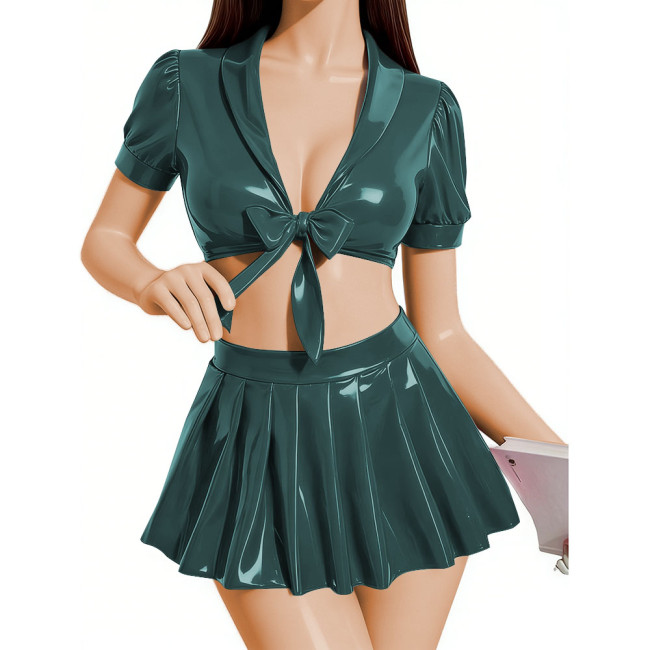 Women's Sexy PVC Shiny Two Piece Sets Punk V-neck Lace-up Crop Top Pleated Mini Skirt Wtlook Clubwear Party Coplay Daily Outfits