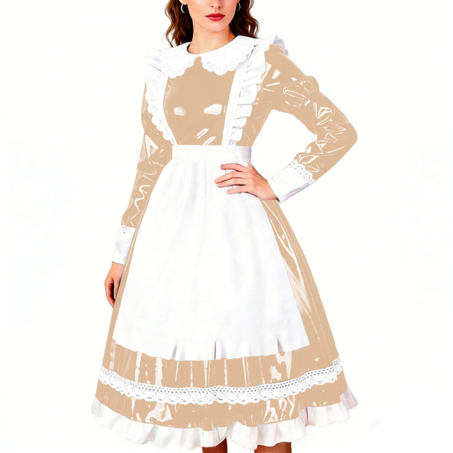 Crossdresser Wet PVC Leather French Maid Uniforms Long Sleeve Glossy Midi Dress with White Lace Trim Lolita Style Cosplay Outfit
