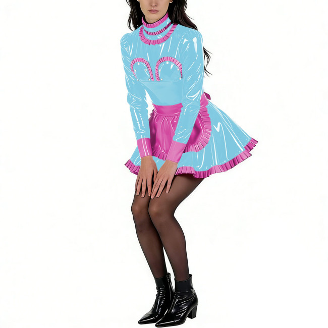 Sissy Glossy PVC High Neck Maid Dress Party Long Sleeve with Ruffled Trim Apron Maid Uniforms Halloween Exotic Cosplay Outfit