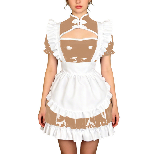 Sissy Theme Party Mandarin Collar Mini Maid Dress with Apron Wetlook PVC Maid Uniform Halloween Role Play Cheongsam Maid Costume