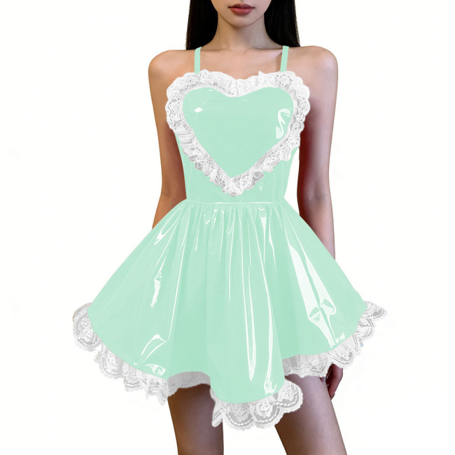 Sexy Sleeveless Crisscross Back A-line Mini Dress with White Lace Trim Womens Heart-Shaped Short Flared Skater Dress Clubwear
