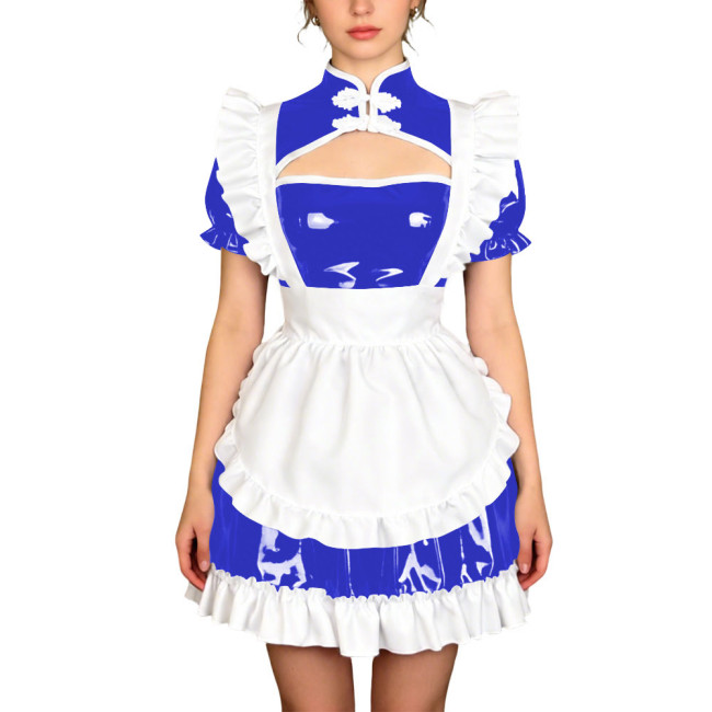 Sissy Theme Party Mandarin Collar Mini Maid Dress with Apron Wetlook PVC Maid Uniform Halloween Role Play Cheongsam Maid Costume