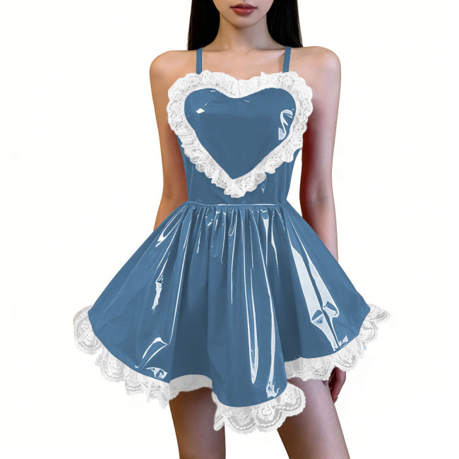 Sexy Sleeveless Crisscross Back A-line Mini Dress with White Lace Trim Womens Heart-Shaped Short Flared Skater Dress Clubwear