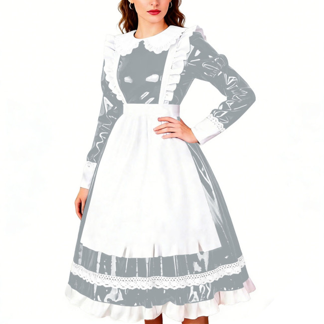 Crossdresser Wet PVC Leather French Maid Uniforms Long Sleeve Glossy Midi Dress with White Lace Trim Lolita Style Cosplay Outfit